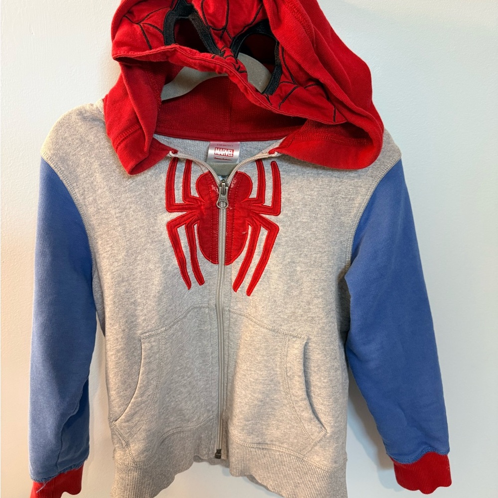 Hanna Andersson Gray Hoodie with Red Spider and Blue Sleeves
